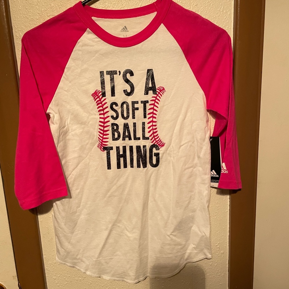 NWT Adidas softball shirt 3/4 length sleeves girls size medium white and pink